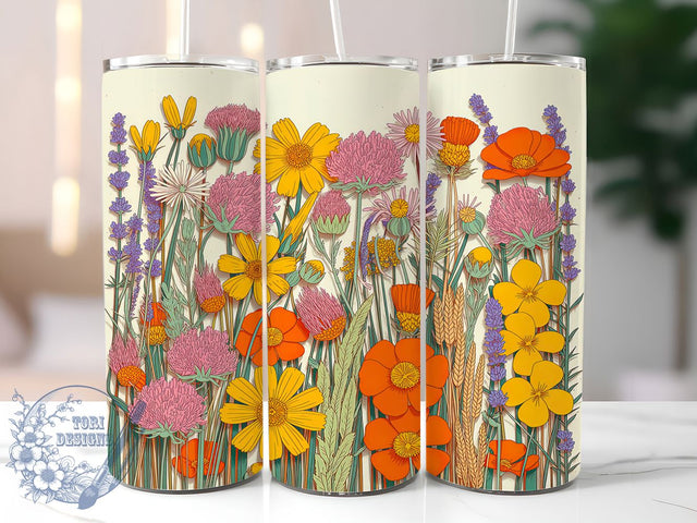 3D Vibrant Wildflower Tumbler, 3D Floral Pattern, Dimensional Bloom Design, 20Oz Sublimation Wrap, Artistic Flower Art, Vibrant Nature Texture, Tumbler Sublimation Sublimation ToriDesigns 