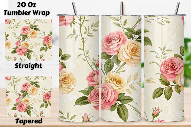 3D Victorian Rose Garden Seamless Tumbler Wrap, Soft Pink and Cream Roses, seamless tumbler wrap, victorian floral design, rose garden wrap, pink cream roses, elegant floral arrangement, 20oz skinny tumbler, tapered tumbler wrap Sublimation FloridPrintables 
