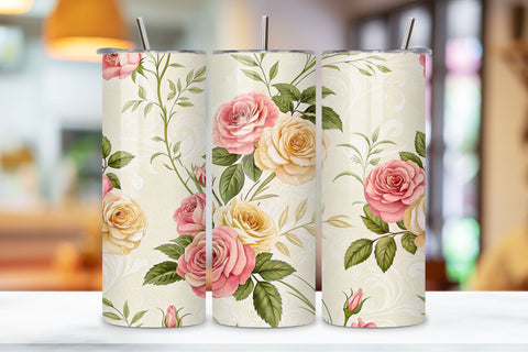 3D Victorian Rose Garden Seamless Tumbler Wrap, Soft Pink and Cream Roses, seamless tumbler wrap, victorian floral design, rose garden wrap, pink cream roses, elegant floral arrangement, 20oz skinny tumbler, tapered tumbler wrap Sublimation FloridPrintables 