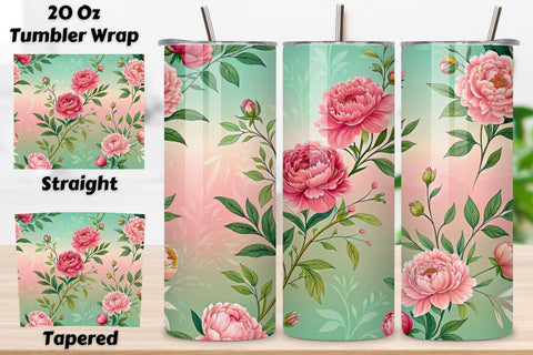 3D Watercolor Peony Seamless Tumbler Wrap, Romantic Pink and Green, seamless tumbler wrap, watercolor peony design, romantic floral wrap, pink green design, 20oz skinny tumbler, tapered tumbler wrap Sublimation FloridPrintables 