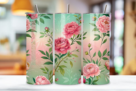 3D Watercolor Peony Seamless Tumbler Wrap, Romantic Pink and Green, seamless tumbler wrap, watercolor peony design, romantic floral wrap, pink green design, 20oz skinny tumbler, tapered tumbler wrap Sublimation FloridPrintables 