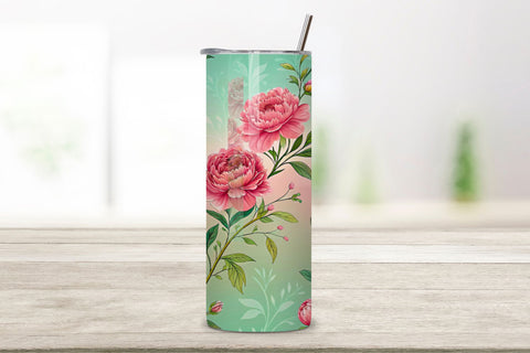 3D Watercolor Peony Seamless Tumbler Wrap, Romantic Pink and Green, seamless tumbler wrap, watercolor peony design, romantic floral wrap, pink green design, 20oz skinny tumbler, tapered tumbler wrap Sublimation FloridPrintables 