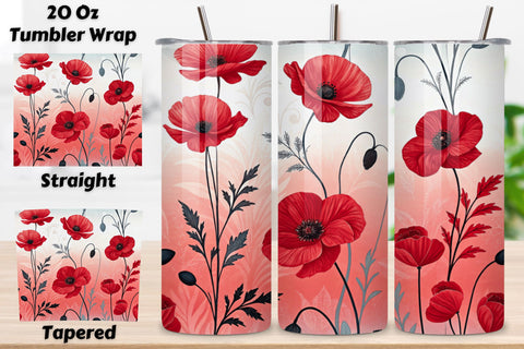3D Watercolor Poppy Seamless Tumbler Wrap, Bold Red and Black Design, seamless tumbler wrap, watercolor poppy design, bold floral wrap, red black design, 20oz skinny tumbler, tapered tumbler wrap Sublimation FloridPrintables 