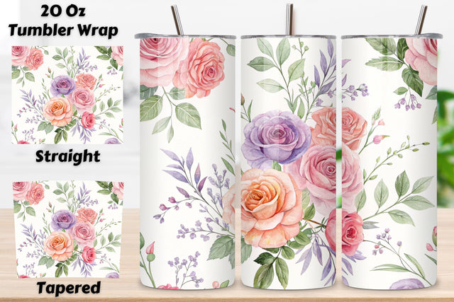 3D Watercolor Rose Bouquet Seamless Tumbler Wrap, Soft Pastel Roses, seamless tumbler wrap, watercolor rose design, rose bouquet wrap, soft pastel roses, watercolor floral design, 20oz skinny tumbler, tapered tumbler wrap, straight tumbler design Sublimation FloridPrintables 