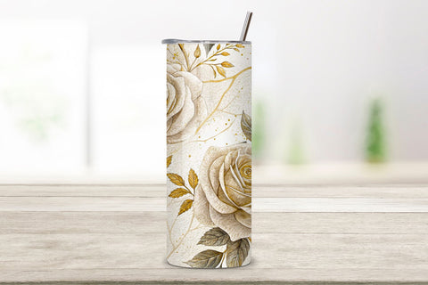 3D Wedding Invitation Rose Seamless Tumbler Wrap – Ivory Roses with Foil Stamping Sublimation FloridPrintables 