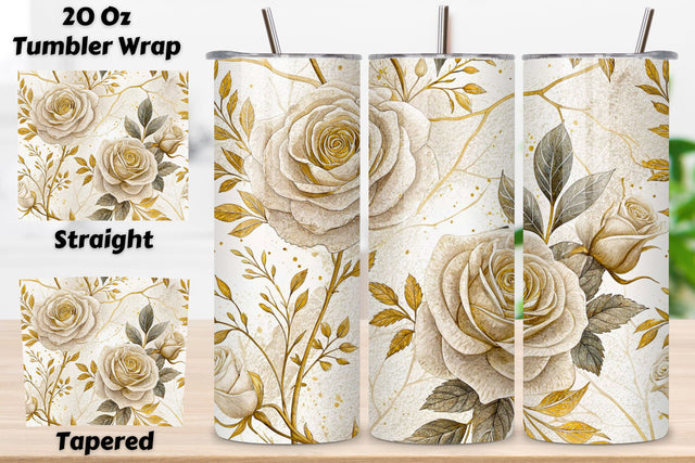 3D Wedding Invitation Rose Seamless Tumbler Wrap – Ivory Roses with Foil Stamping Sublimation FloridPrintables 