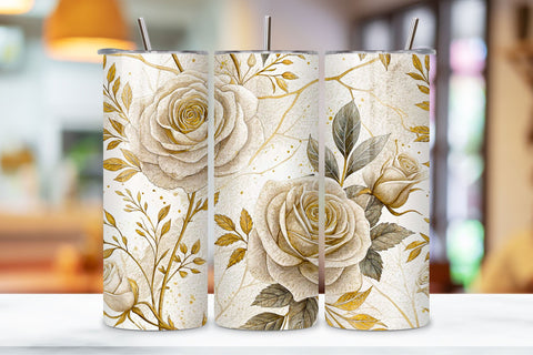 3D Wedding Invitation Rose Seamless Tumbler Wrap – Ivory Roses with Foil Stamping Sublimation FloridPrintables 