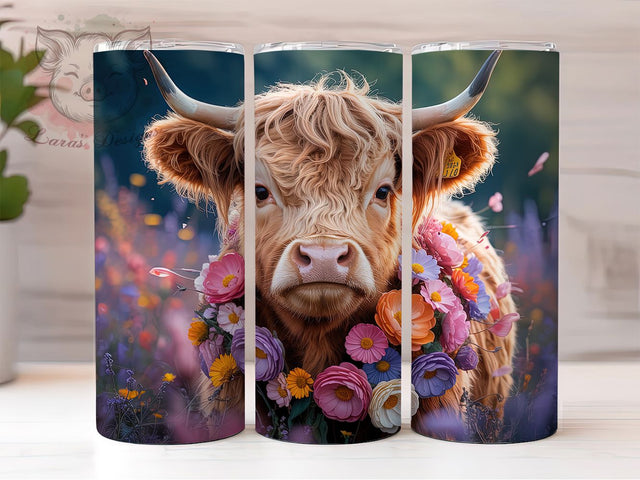 3D Whimsical Floral Highland Cow Tumbler, Floral Cow Tumbler, Rustic Cow Wrap, Whimsical Cow Wrap, Country Farm Animal Wrap, Sublimation Design, Trendy Gift Idea Sublimation Lara' s Designs 
