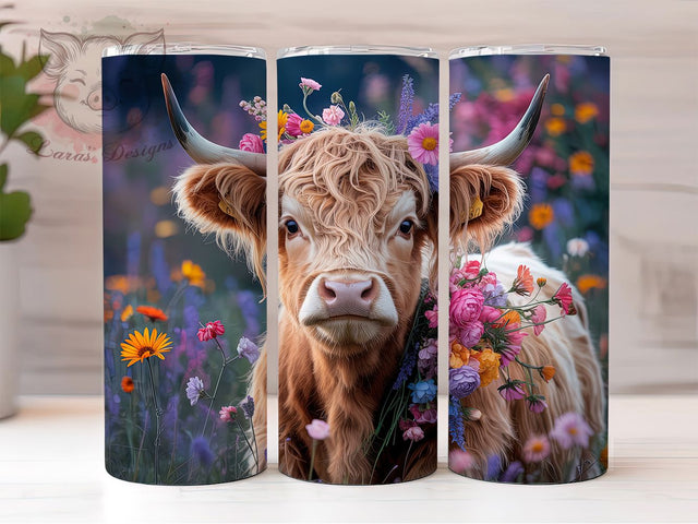 3D Whimsical Floral Highland Cow Tumbler, Floral Cow Tumbler, Rustic Cow Wrap, Whimsical Cow Wrap, Country Farm Animal Wrap, Sublimation Design, Trendy Gift Idea Sublimation Lara' s Designs 