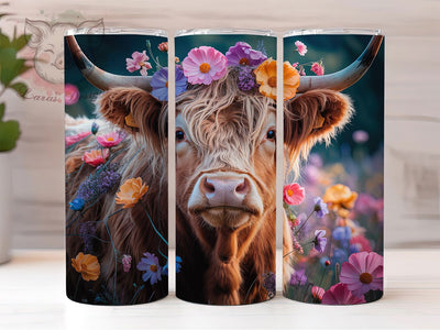 3D Whimsical Floral Highland Cow Tumbler, Floral Cow Tumbler, Rustic Cow Wrap, Whimsical Cow Wrap, Country Farm Animal Wrap, Sublimation Design, Trendy Gift Idea Sublimation Lara' s Designs 