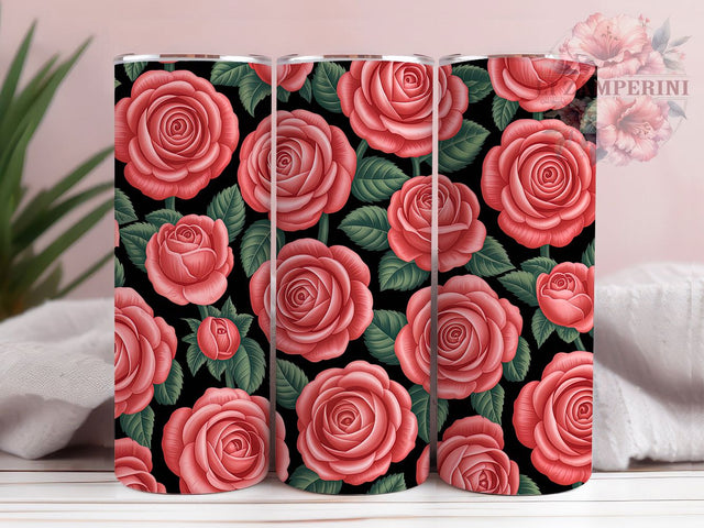 3D White Black Roses Tumbler, White Black Floral, Seamless Wrap, Sublimation Art, 20oz Tumbler, Elegant Theme, Romantic Style Sublimation Li Zamperini 