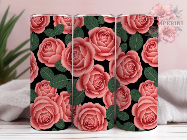 3D White Black Roses Tumbler, White Black Floral, Seamless Wrap, Sublimation Art, 20oz Tumbler, Elegant Theme, Romantic Style Sublimation Li Zamperini 