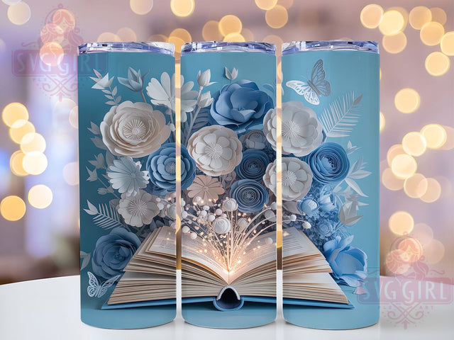 3D White Blue Floral Book Tumbler, 3D Book Wrap, 20oz Tumbler Sublimation, Elegant Flower Design, Botanical Book Sublimation, Whimsical Reading Tumbler, Literary Nature Wrap Sublimation SvggirlplusArt 