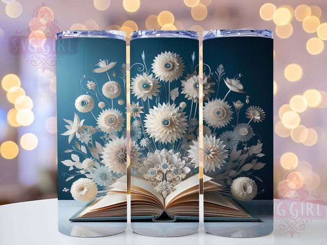 3D White Blue Floral Book Tumbler, 3D Book Wrap, 20oz Tumbler Sublimation, Elegant Flower Design, Botanical Book Sublimation, Whimsical Reading Tumbler, Literary Nature Wrap Sublimation SvggirlplusArt 