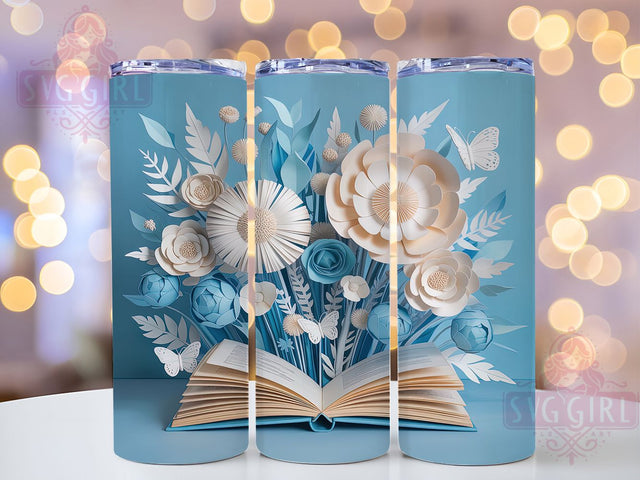 3D White Blue Floral Book Tumbler, 3D Book Wrap, 20oz Tumbler Sublimation, Elegant Flower Design, Botanical Book Sublimation, Whimsical Reading Tumbler, Literary Nature Wrap Sublimation SvggirlplusArt 