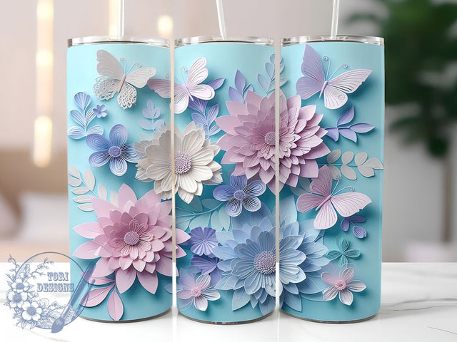 3D White Butterfly Tumbler, White Floral Tumbler, 20Oz Sublimation, 3D Flowers Printable, Elegant White Butterfly Design, Soft Floral Wrap, White 3D Tumbler Art Sublimation ToriDesigns 