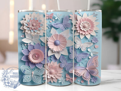 3D White Butterfly Tumbler, White Floral Tumbler, 20Oz Sublimation, 3D Flowers Printable, Elegant White Butterfly Design, Soft Floral Wrap, White 3D Tumbler Art Sublimation ToriDesigns 