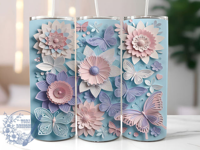 3D White Butterfly Tumbler, White Floral Tumbler, 20Oz Sublimation, 3D Flowers Printable, Elegant White Butterfly Design, Soft Floral Wrap, White 3D Tumbler Art Sublimation ToriDesigns 