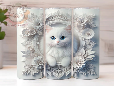 3D White Cat Floral Tumbler Wrap, Floral Kitty Mug, Cute Pet Lover Cup, Whimsical Cat Wrap, Elegant Feline Design, Boho Cat Gift, Sublimation Tumbler Wrap Sublimation Lara' s Designs 