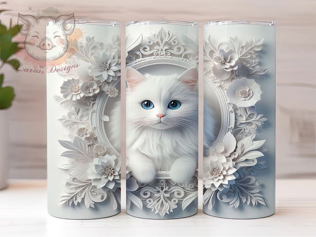 3D White Cat Floral Tumbler Wrap, Floral Kitty Mug, Cute Pet Lover Cup, Whimsical Cat Wrap, Elegant Feline Design, Boho Cat Gift, Sublimation Tumbler Wrap Sublimation Lara' s Designs 