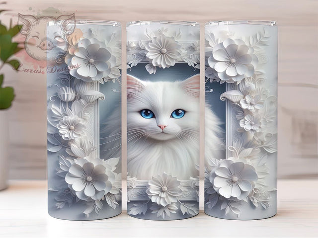 3D White Cat Floral Tumbler Wrap, Floral Kitty Mug, Cute Pet Lover Cup, Whimsical Cat Wrap, Elegant Feline Design, Boho Cat Gift, Sublimation Tumbler Wrap Sublimation Lara' s Designs 