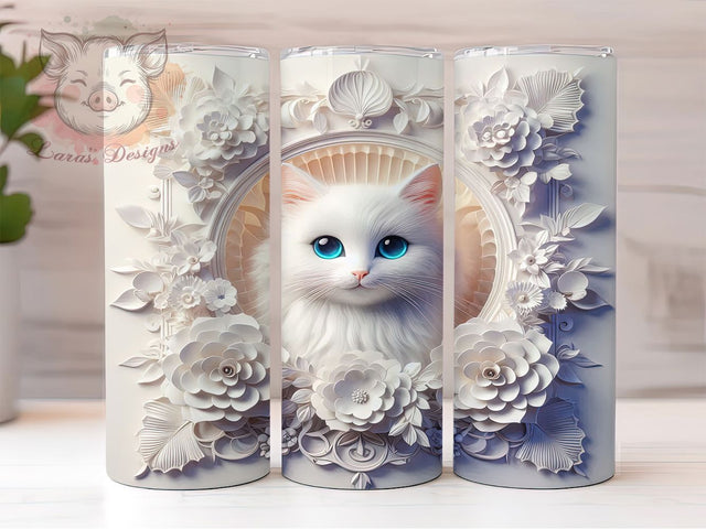 3D White Cat Floral Tumbler Wrap, Floral Kitty Mug, Cute Pet Lover Cup, Whimsical Cat Wrap, Elegant Feline Design, Boho Cat Gift, Sublimation Tumbler Wrap Sublimation Lara' s Designs 