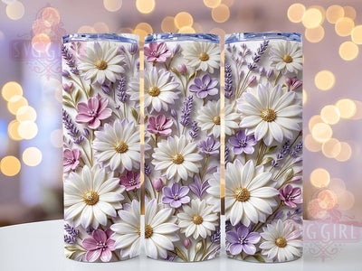 3D White Daisy Lavender Garden 20oz Tumbler, 3D Floral Design, White Daisy Motif, Lavender Garden, Nature Accent, Sublimation Wrap, 20oz Tumbler, Whimsical Charm Sublimation SvggirlplusArt 
