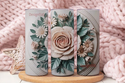 3D White Floral Tumbler Wrap Sublimation DesignSVG 