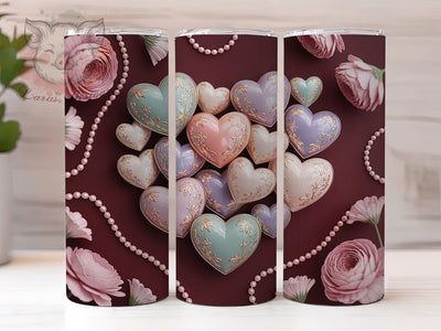 3D White Gold Hearts Tumbler, Elegant Valentine Wrap, Romantic Gold Heart Cup, 20oz Sublimation Wrap, Stylish Valentine Design Tumbler, Artistic Metallic Heart Cup, Whimsical Luxury Love Theme Wrap Sublimation Lara' s Designs 