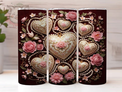 3D White Gold Hearts Tumbler, Elegant Valentine Wrap, Romantic Gold Heart Cup, 20oz Sublimation Wrap, Stylish Valentine Design Tumbler, Artistic Metallic Heart Cup, Whimsical Luxury Love Theme Wrap Sublimation Lara' s Designs 