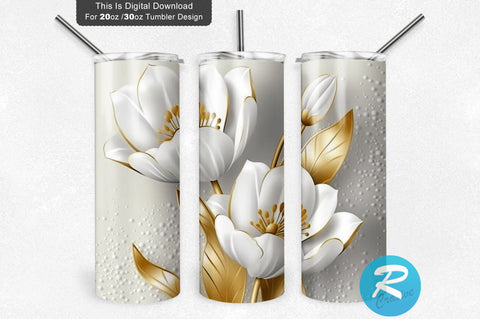 3D White Gold Tulips Flowers 20 Oz Tumbler Design Sublimation Regulrcrative 