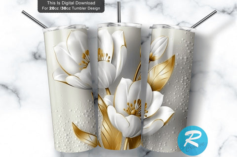 3D White Gold Tulips Flowers 20 Oz Tumbler Design Sublimation Regulrcrative 