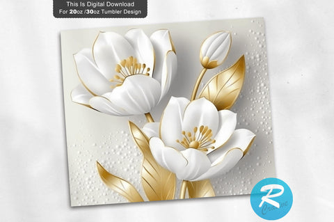 3D White Gold Tulips Flowers 20 Oz Tumbler Design Sublimation Regulrcrative 