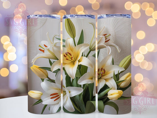 3D White Lily Floral Tumbler, 3D Floral Wrap, 20oz Tumbler Sublimation, Elegant Flower Design, Botanical Lily Sublimation, Pure Bloom Tumbler, Graceful Nature Wrap Sublimation SvggirlplusArt 