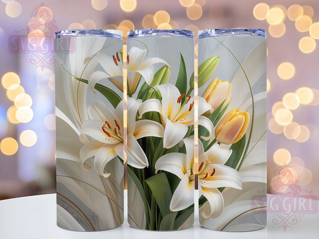 3D White Lily Floral Tumbler, 3D Floral Wrap, 20oz Tumbler Sublimation, Elegant Flower Design, Botanical Lily Sublimation, Pure Bloom Tumbler, Graceful Nature Wrap Sublimation SvggirlplusArt 