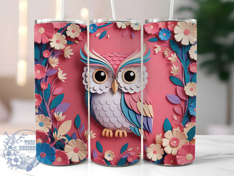 3D White Owl Pink Floral Tumbler, White Owl Tumbler, Whimsical Owl Wrap, Pink Floral Wrap, Elegant Owl Wrap, Sublimation Design, Trendy Gift Idea Sublimation ToriDesigns 