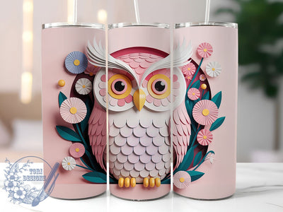 3D White Owl Pink Floral Tumbler, White Owl Tumbler, Whimsical Owl Wrap, Pink Floral Wrap, Elegant Owl Wrap, Sublimation Design, Trendy Gift Idea Sublimation ToriDesigns 