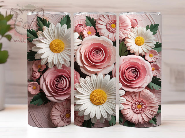 3D White Pink Floral Tumbler, White Pink Floral, Elegant Wrap, Sublimation Art, 20oz Tumbler, Romantic Theme, Nature Style Sublimation Lara' s Designs 