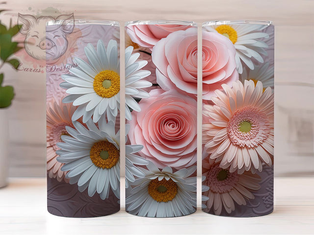 3D White Pink Floral Tumbler, White Pink Floral, Elegant Wrap, Sublimation Art, 20oz Tumbler, Romantic Theme, Nature Style Sublimation Lara' s Designs 