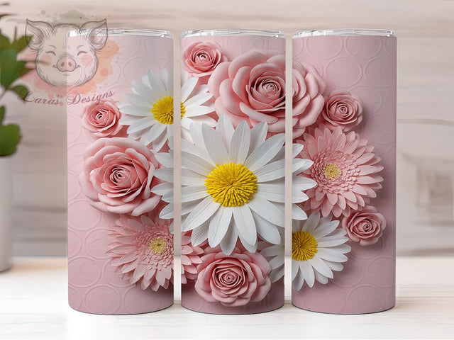 3D White Pink Floral Tumbler, White Pink Floral, Elegant Wrap, Sublimation Art, 20oz Tumbler, Romantic Theme, Nature Style Sublimation Lara' s Designs 