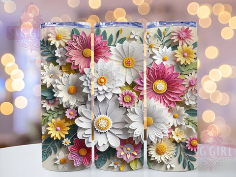 3D White & Pink Flower Tumbler Wrap, 3D Flower Tumbler, White and Pink Tumbler Wrap, Floral Sublimation Design, 20oz Tumbler, Spring Drinkware, Flower Lover Gift, Elegant Floral Decor Sublimation SvggirlplusArt 