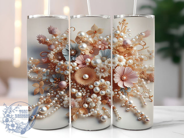 3D White Pink Gold Flowers and Pearls 20oz Skinny Tumbler, Flowers and Pearls Tumbler Png, Straight & Tapered Tumbler Wrap, Instant Digital Download Sublimation ToriDesigns 