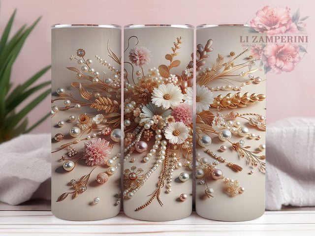 3D White Pink Gold Flowers and Pearls 20oz Tumbler Wrap PNG, 3D Flowers Tumbler Png, Straight & Tapered Tumbler Wrap, Instant Digital Download Sublimation Li Zamperini 