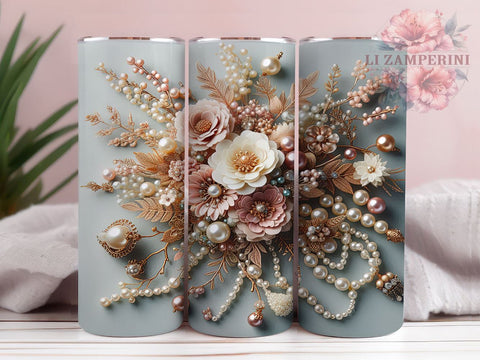 3D White Pink Gold Flowers and Pearls 20oz Tumbler Wrap PNG, Flowers Tumbler Png, Straight & Tapered Tumbler Wrap, Instant Digital Download Sublimation Li Zamperini 