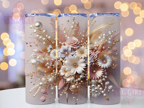 3D White Pink Gold Flowers and Pearls 20oz Tumbler Wrap Sublimation Design, Straight Tapered Tumbler Wrap, 3D Flowers Tumbler Png, Instant Digital Download Sublimation SvggirlplusArt 