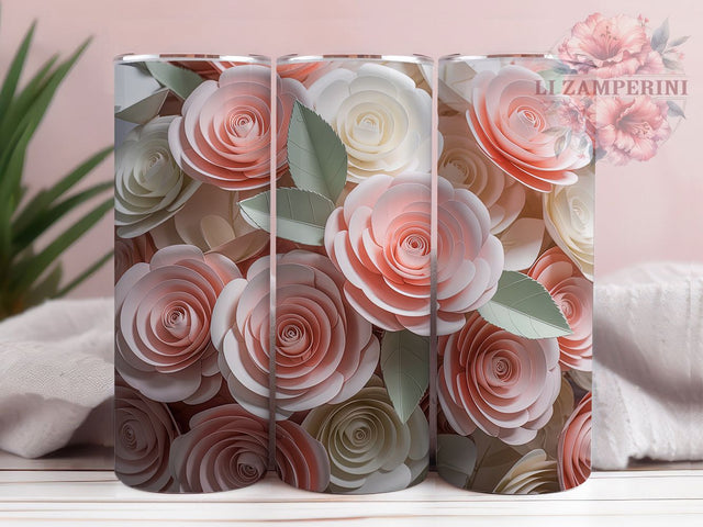 3D White Pink Roses Tumbler, White Pink Floral, Seamless Wrap, Sublimation Art, 20oz Tumbler, Romantic Theme, Elegant Style Sublimation Li Zamperini 