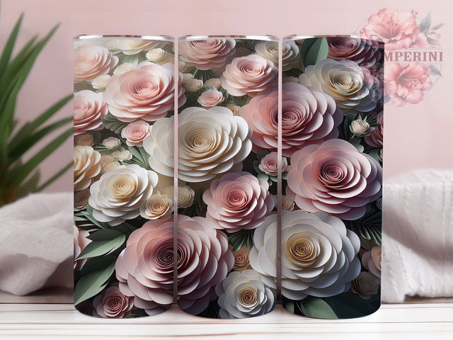 3D White Pink Roses Tumbler, White Pink Floral, Seamless Wrap, Sublimation Art, 20oz Tumbler, Romantic Theme, Elegant Style Sublimation Li Zamperini 