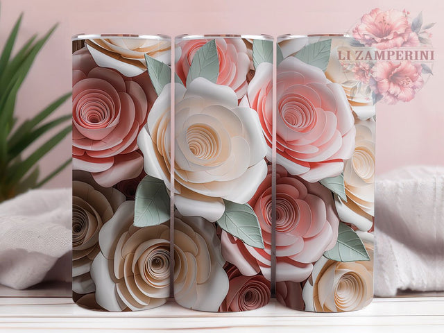 3D White Pink Roses Tumbler, White Pink Floral, Seamless Wrap, Sublimation Art, 20oz Tumbler, Romantic Theme, Elegant Style Sublimation Li Zamperini 