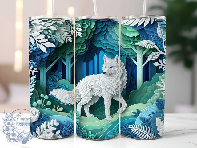 3D White Wolf Papercut 20oz Winter Tumbler Wrap, Elegant Wolf Sublimation, Winter Wolf 20oz Wrap, Intricate Paper Cut Design, Mystical Wolf Art Tumbler, Minimalist Wolf Graphic Sublimation ToriDesigns 