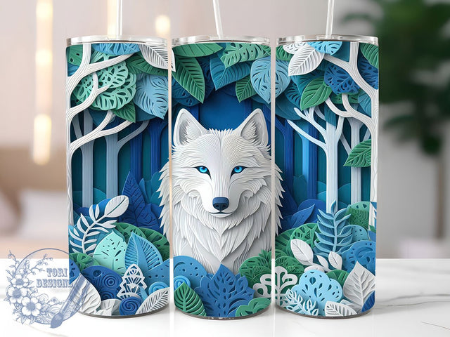 3D White Wolf Papercut 20oz Winter Tumbler Wrap, Elegant Wolf Sublimation, Winter Wolf 20oz Wrap, Intricate Paper Cut Design, Mystical Wolf Art Tumbler, Minimalist Wolf Graphic Sublimation ToriDesigns 